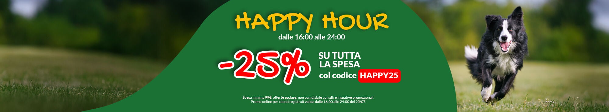Folle HAPPY HOUR! Solo per poche ore, approfitta del 25% di sconto su tutto! Usa il codice HAPPY25! Solo online, per Clienti registrati, promo valida dalle 16:00 alle 24:00 di sabato 18/07. Spesa minima 99&euro;, escluse offerte e altre iniziative.