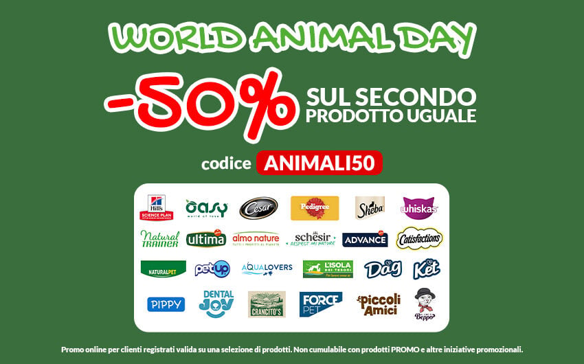Per te -50% sul secondo prodotto uguale dei migliori brand! Applica il codice ANIMALI50 a carrello. Prom online valida su una selezione di prodotti fino al 04/10. Non cumulabile con prodotti PROMO e altre iniziative.