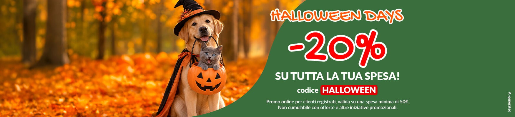 HALLOWEEN DAYS online! Per te -20% su tutta la tua spesa con il codice HALLOWEEN. Approfittane subito! Sconto online per clienti registrati, valida fino al 30/10 su una spesa minima di 50&euro;. Non cumulabile con altre offerte e iniziative promozionali.