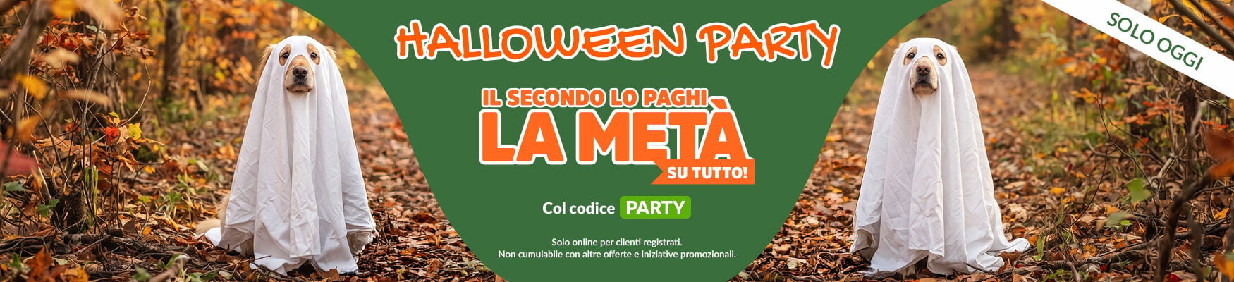 Halloween party online: Solo oggi il secondo lo paghi la met&agrave;! Ti baster&agrave; applicare al carrello il codice PARTY. Approfittane subito, la promo scade a mezzanotte! Promozione online per clienti registrati, valida fino al 31/10. Non cumulabile con altre offerte e iniziative promozionali.