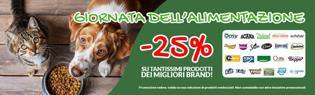 Per te -25% sui migliori brand di alimentazione! Trovi tutti i prodotti gi&agrave; scontati sul sito. Celebra con noi la giornata mondiale dell'alimentazione, acquista solo il meglio per il tuo pet! Promo online per clienti registrati, valida su una selezione di prodotti evidenziati fino al 19/10. Non cumulabile con altre iniziative.