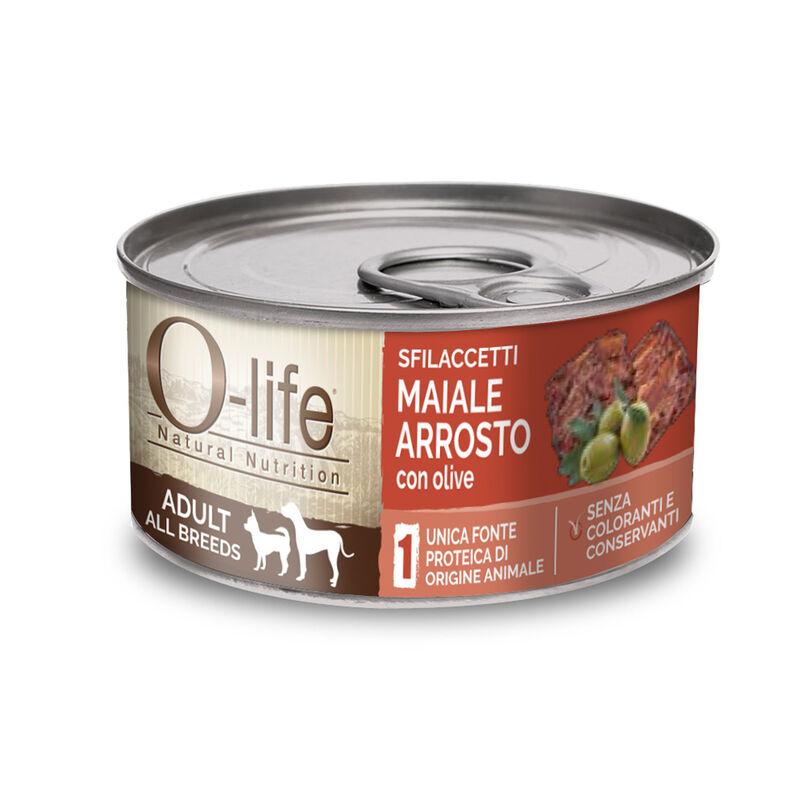 O-life Dog Adult All Breeds Sfilaccetti di Maiale arrosto e olive 85 gr