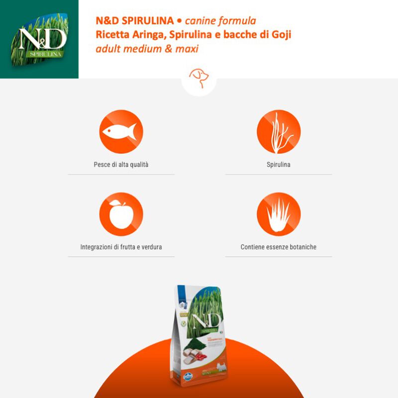 Farmina N&D Spirulina Dog Adult Medium&Maxi Aringa Spirulina e Bacche di Goji 2 kg - Scad. Dicembre 25