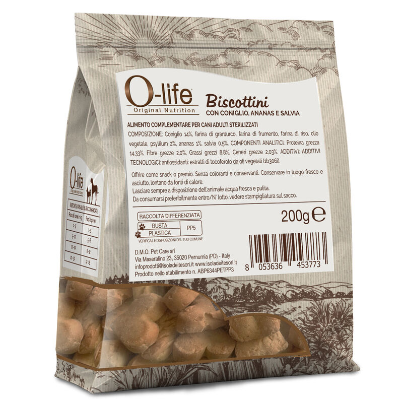 O-life Dog Adult Steril Biscottini con coniglio ananas e salvia 200gr