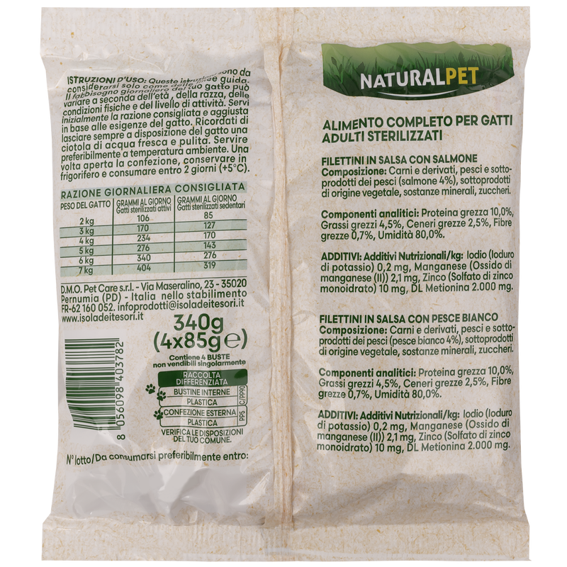 Naturalpet Cat Steril Filettini in salsa con Salmone e Pesce Bianco 4x85 g