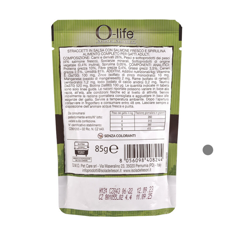 O-life Cat Adult Straccetti in salsa con Salmone fresco e spirulina 85 gr