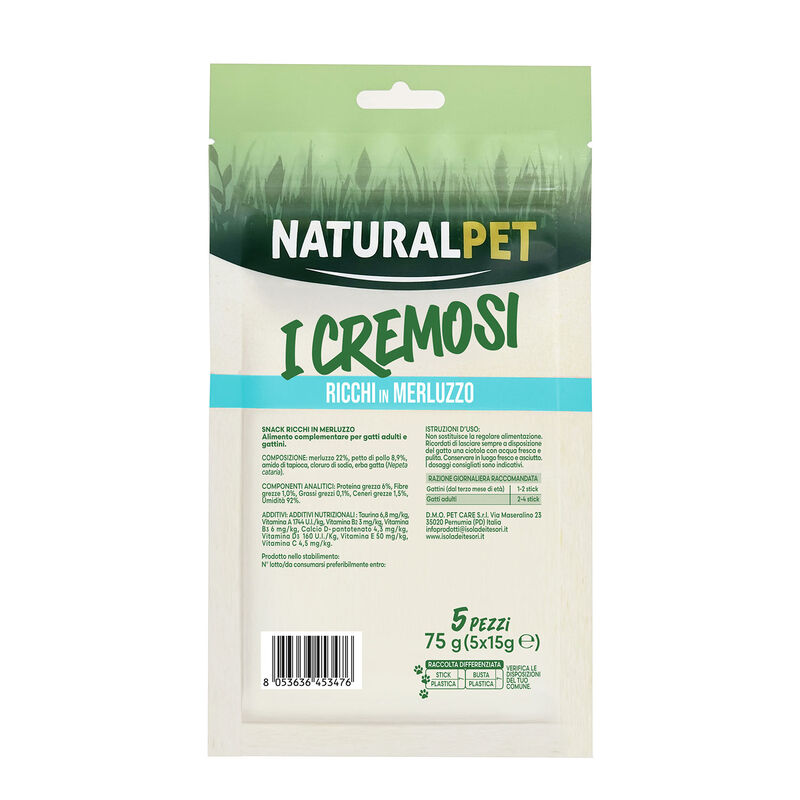 Naturalpet Cat Snack I Cremosi ricchi in Merluzzo 5x15gr