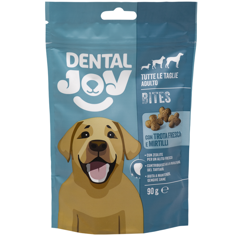 Dentaljoy Bites Dog Adult con trota fresca e mirtilli 90gr
