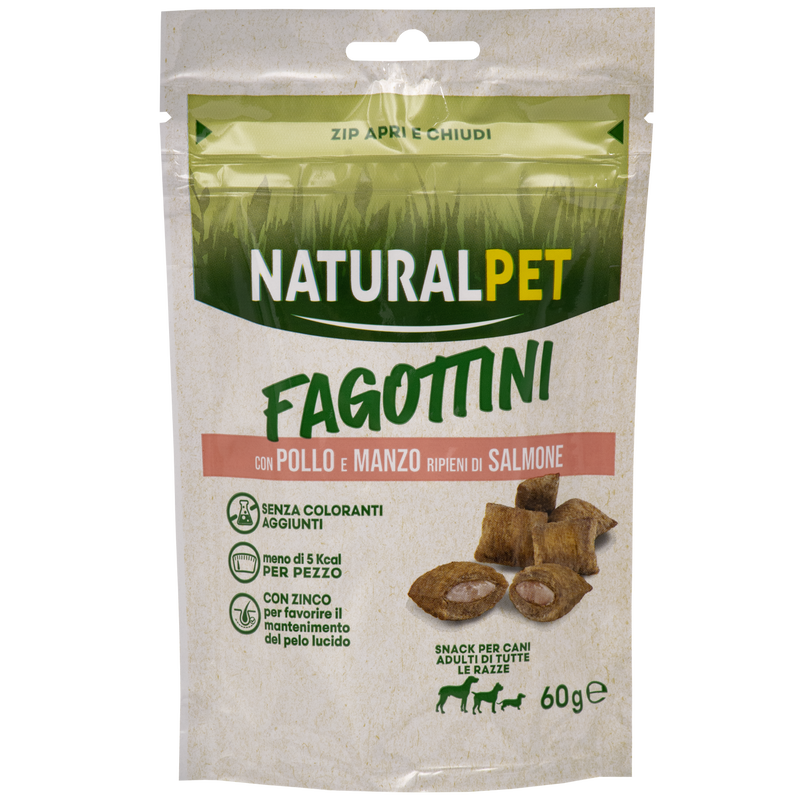 Naturalpet Fagottini Snack Dog Adult con pollo e manzo ripieni di salmone 90gr