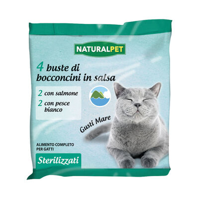 Naturalpet Cat Sterilizzati Gusti Mare, bocconcini in salsa, con Salmone, con Pesce Bianco 4x85 gr