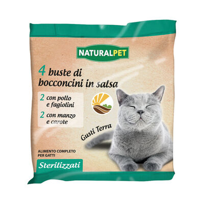 Naturalpet Cat Sterilizzati Gusti Terra, bocconcini in salsa, con Pollo e Fagiolini, con Manzo e Carote 4x85 gr