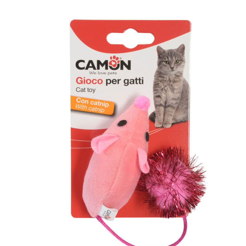 Camon Topino in poliestere con catnip e coda con pallina 10 cm