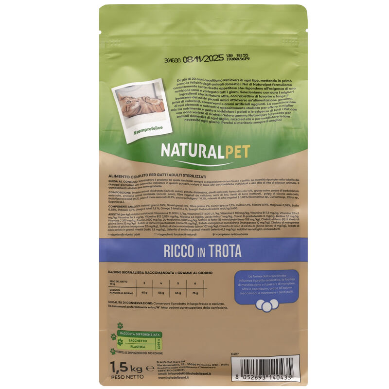 Naturalpet Premium Cat Adult Sterilised ricco in Trota 1,5 kg
