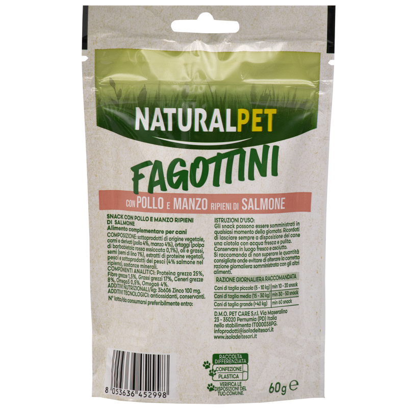 Naturalpet Fagottini Snack Dog Adult con pollo e manzo ripieni di salmone 90gr