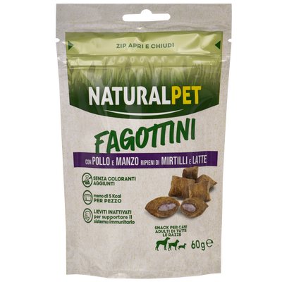 Naturalpet Fagottini Snack Dog Adult con pollo e manzo ripieni di mirtilli e latte 90gr