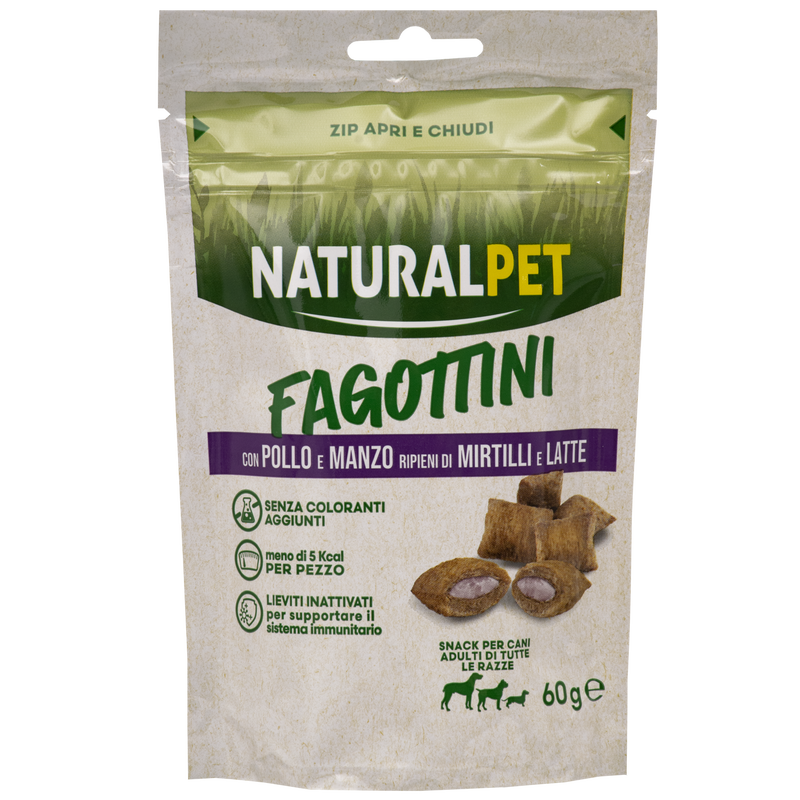 Naturalpet Fagottini Snack Dog Adult con pollo e manzo ripieni di mirtilli e latte 90gr