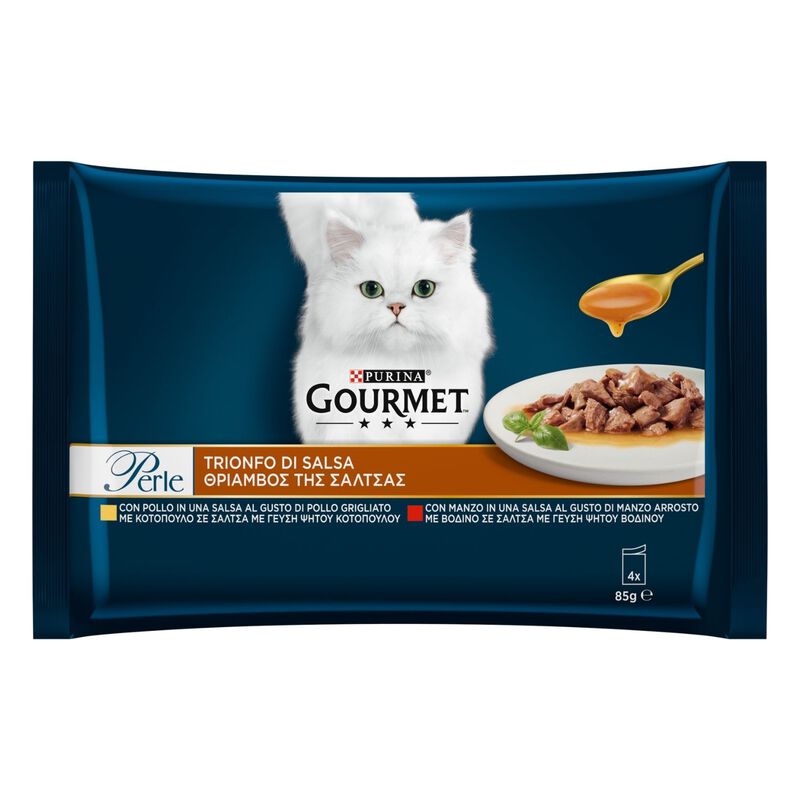 Gourmet Perle Cat Adult Trionfo di Salsa Manzo e Pollo 4 x 85 gr