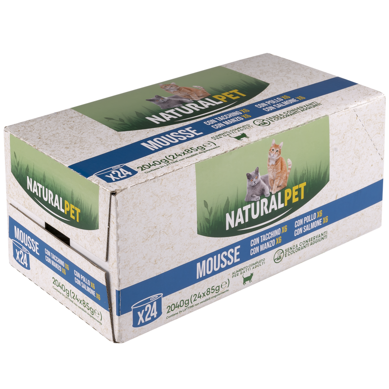 Naturalpet Cat Adult Multipack Mousse Tacchino, Manzo, Pollo e Salmone 24x85gr