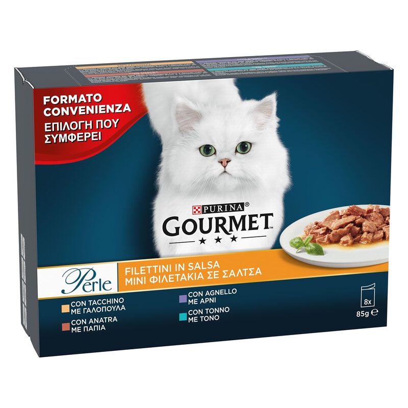 Gourmet Perle Cat Adult Filettini in Salsa Tacchino Tonno Anatra e Agnello 8 x 85 gr