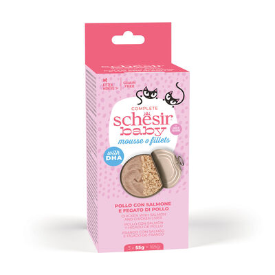 Schesir Kitten Filetti in brodo Salmone con Pollo e fegato di pollo 3 pz x 55 gr
