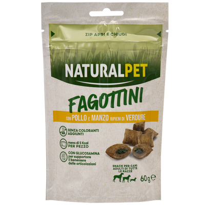 Naturalpet Fagottini Snack Dog Adult con pollo e manzo ripieni di verdure 90gr