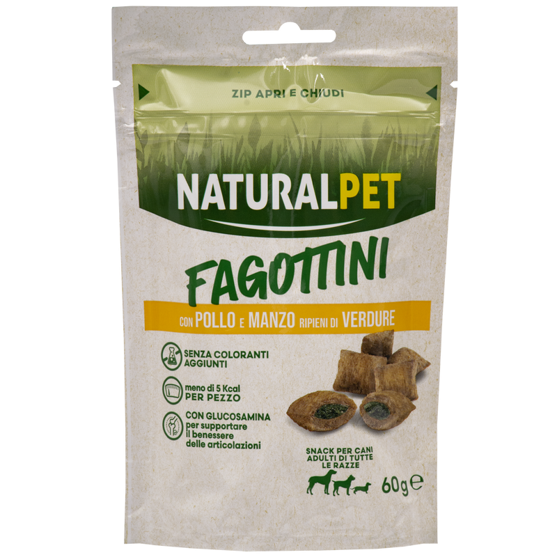 Naturalpet Fagottini Snack Dog Adult con pollo e manzo ripieni di verdure 90gr