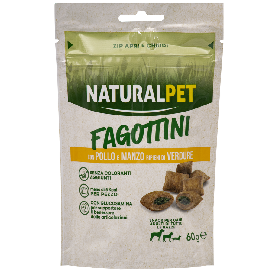 Naturalpet Fagottini Snack Dog Adult con pollo e manzo ripieni di verdure 60gr