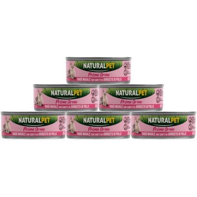 Naturalpet Prime Orme Kitten rag&ugrave; al maiale con cubetti di arrosto di pollo e riso 85gr