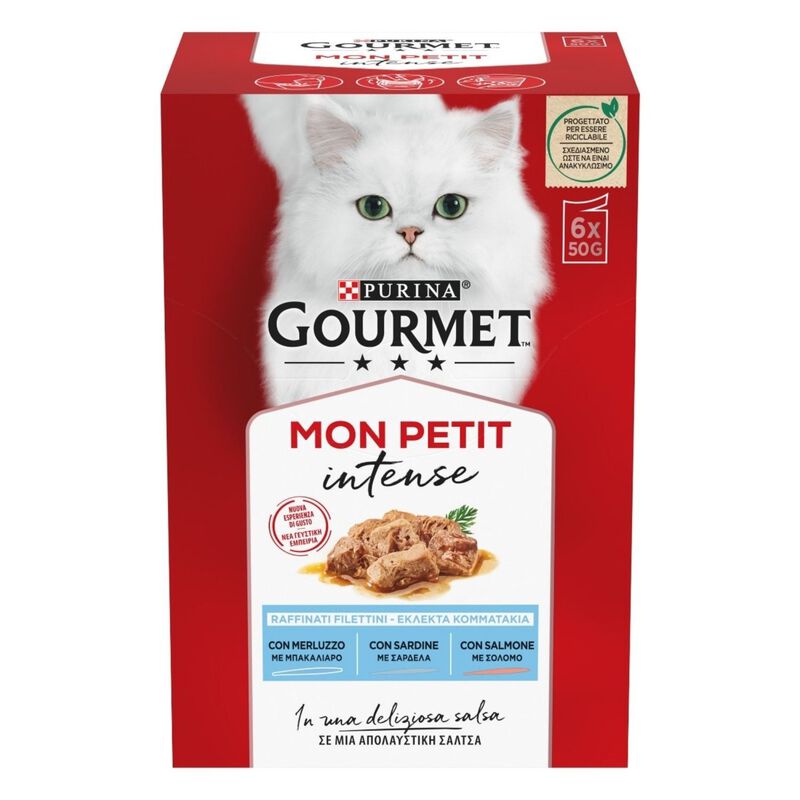 Gourmet Mon Petit Cat Adult con Merluzzo, Sardine, Salmone 6 x 50 gr