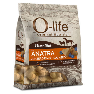 O-life Dog Adult Biscottini con Anatra zenzero e mirtilli nero 200gr
