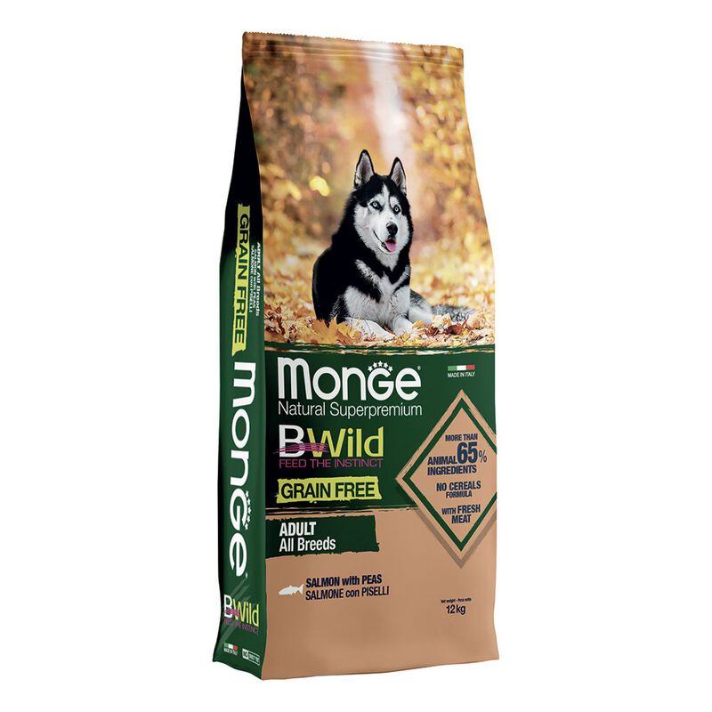 Monge BWild Crocchette Grain Free per cani adulti Salmone con Piselli 12 kg