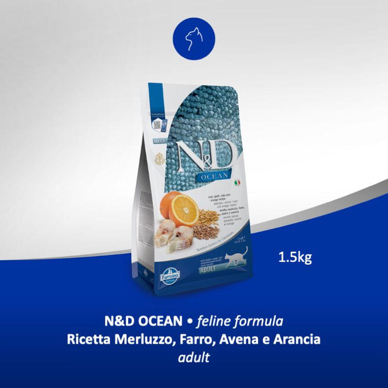 Farmina N&D Ocean Cat Adult Merluzzo, Farro, Avena e Arancia 1,5 kg