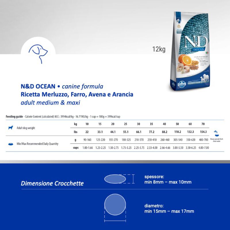 Farmina N&D Ocean Dog Adult Medium & Maxi Merluzzo, Farro, Avena e Arancia 12 kg