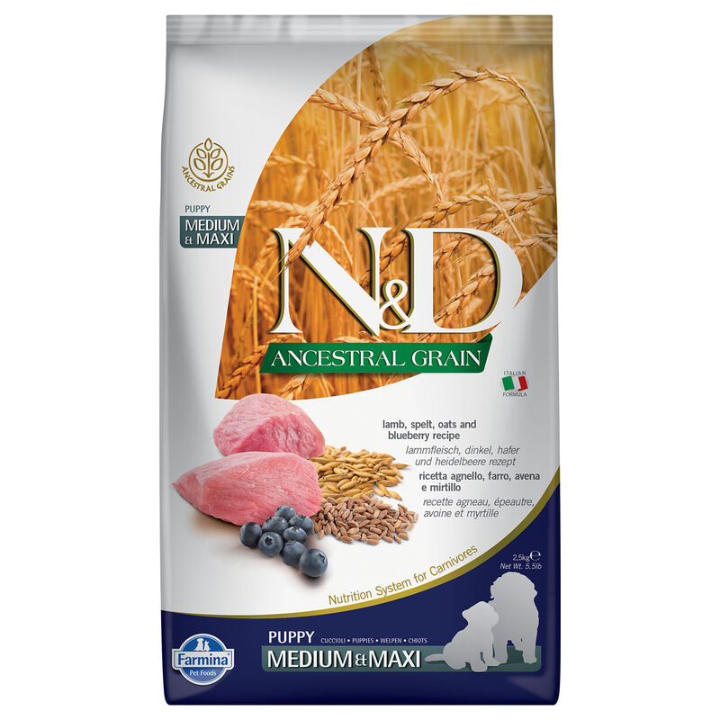 Farmina N&D Ancestral Grain Puppy Medium&Maxi Agnello Farro, Avena e Mirtillo 2,5 kg