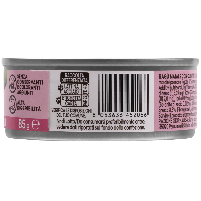 Naturalpet Prime Orme Kitten ragù al maiale con cubetti di arrosto di pollo e riso 85gr