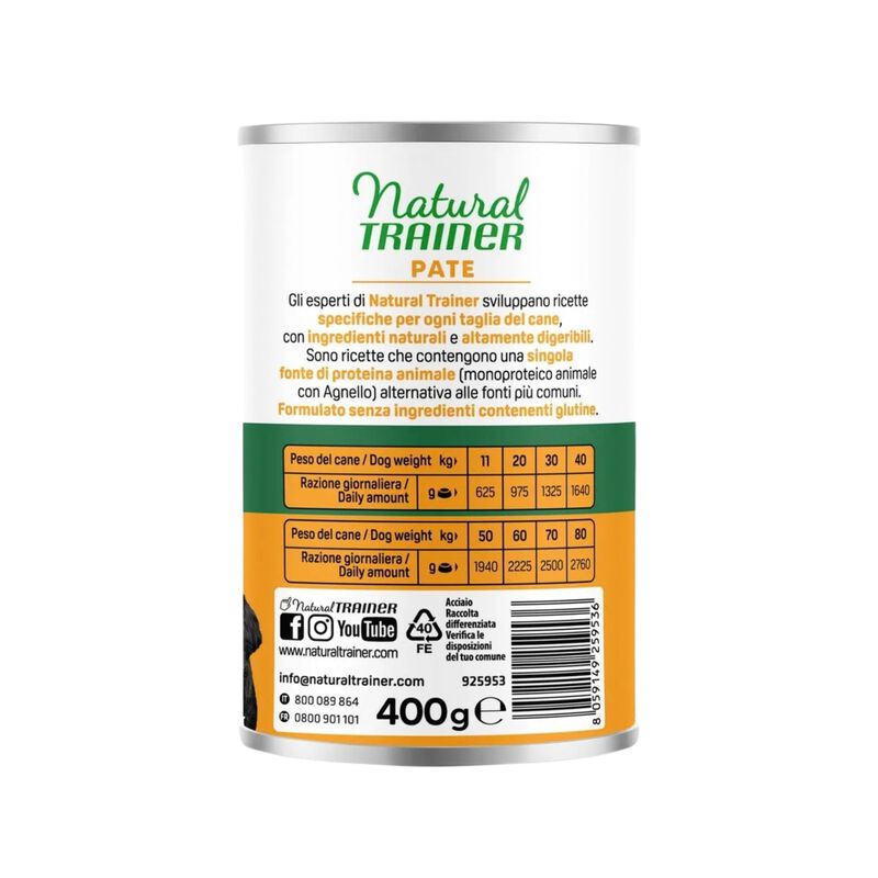Natural Trainer Sensitive Dog Adult Medium&Maxi No Gluten con Agnello 400 gr