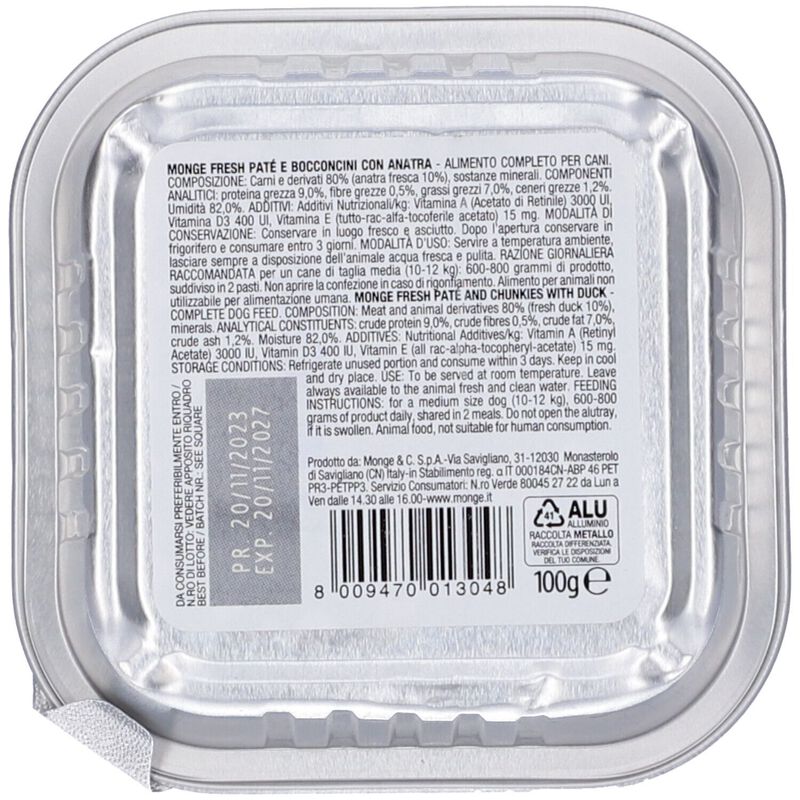 Monge Fresh Dog Adult Paté con Bocconcini con Anatra 100 gr
