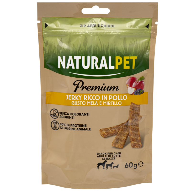Naturalpet Premium Dog Snack Jerky ricco in Pollo mela e mirtillo 60gr