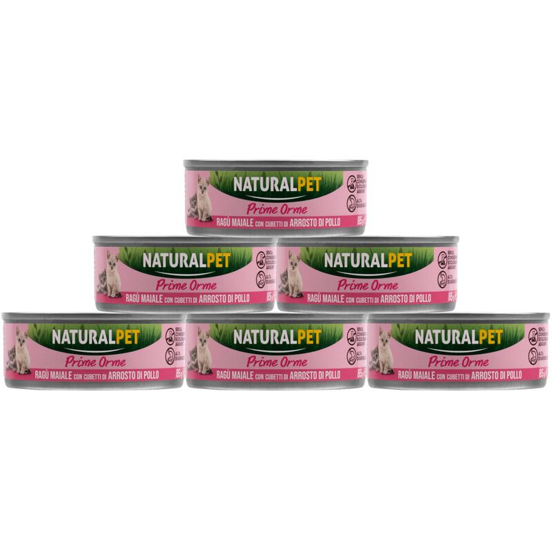 Naturalpet Prime Orme Kitten rag&ugrave; al maiale con cubetti di arrosto di pollo e riso 85gr