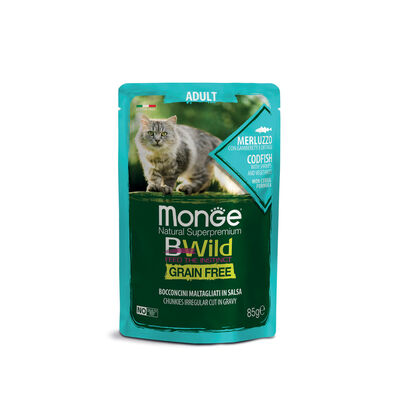 Monge Natural Superpremium Bwild per gatti adulti Grain Free Bocconcini Merluzzo Gamberetti e Ortaggi 85 gr