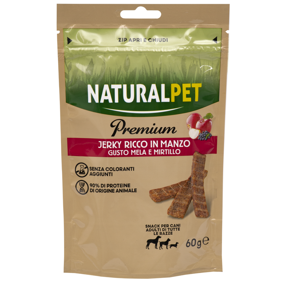 Naturalpet Premium Dog Snack Jerky ricco in Manzo mela e mirtillo 60gr