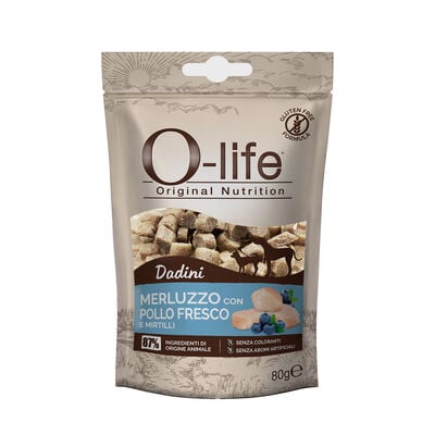 O-life Dog Dadini Snack Merluzzo fresco con pollo fresco e mirtilli 80gr