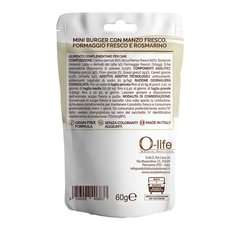 O-life Dog Snack Mini Burger con Manzo fresco, Formaggio fresco e Rosmarino 60 gr