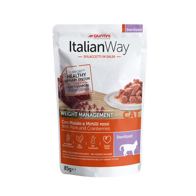 Italianway Cat Adult Sterilised Wieight Management Sfilaccetti in salsa Maiale e Mirtilli rossi 85 gr