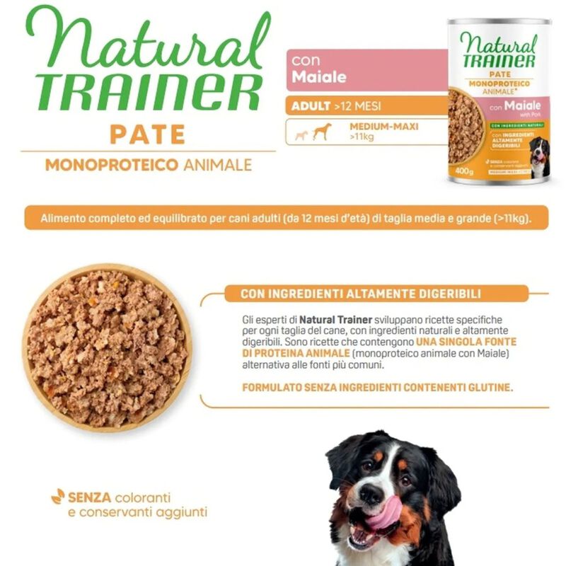 Natural Trainer Cane Adulto Medium&Maxi Adult Pat&eacute; con Maiale 400 gr