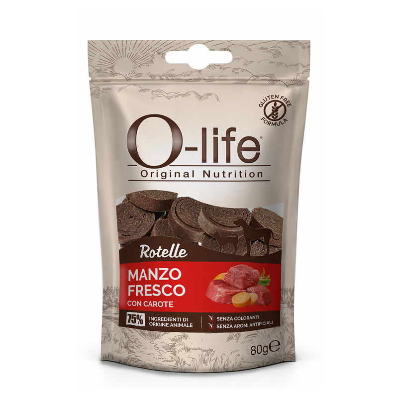 O-life Dog Adult Snack Rotelle Manzo fresco con carote 50gr