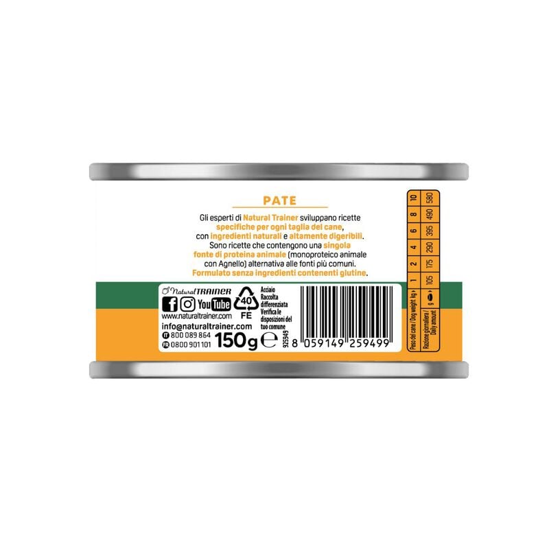 Natural Trainer Dog Adult Small&Toy Pat&eacute; Monoproteico con Agnello 150 gr