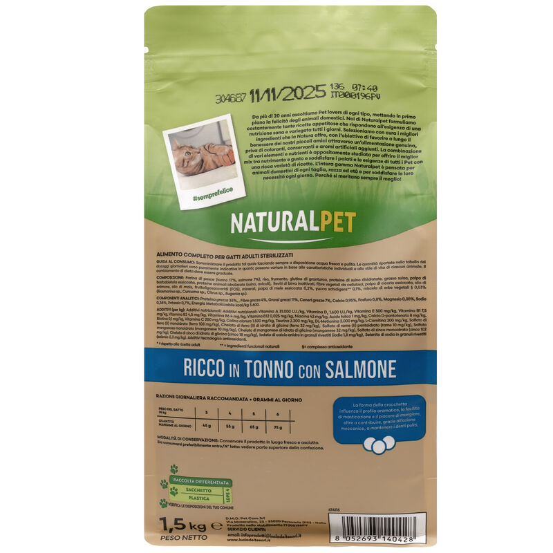 Naturalpet Premium Cat Adult Sterilised ricco in Tonno con Salmone 1,5 kg