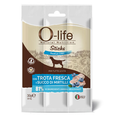 O-life Dog Stick: Alimento Complementare con Trota Fresca e Mirtilli - 30 gr