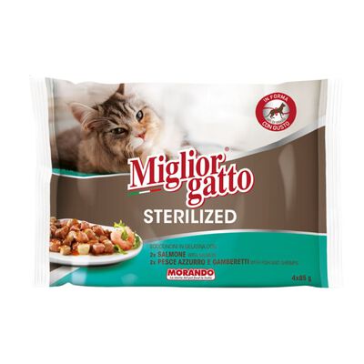 Migliorgatto Cat Sterilized bocconcini in gelatina assortiti Salmone/Pesce Azzurro 4 x 85 gr